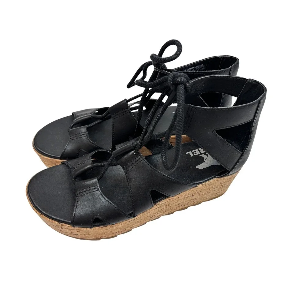 Sorel Joanie II Lace Black Leather Cork Platform Wedge Gladiator Sandals 8.5